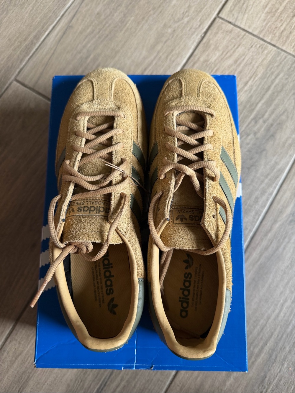 adidas Handball Spezial Sneakers in Tan with Green Stripes - Picture 5 of 7